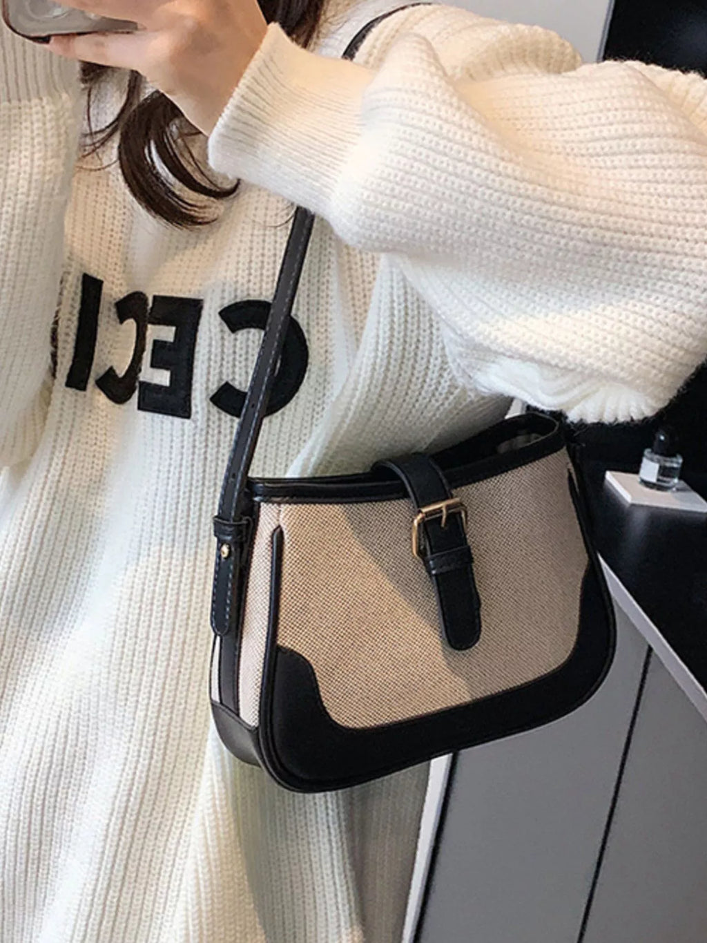 Contrast Buckle Shoulder Bag for Women