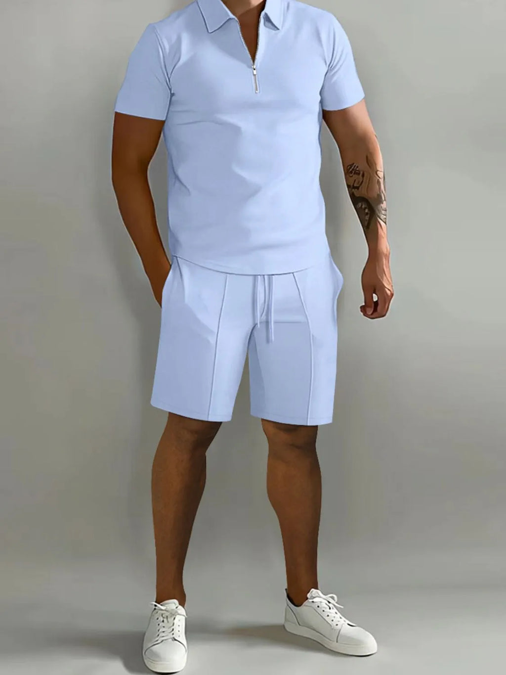 Collared Neck Short Sleeve Top and Shorts Set Plus Size in Gray for Men