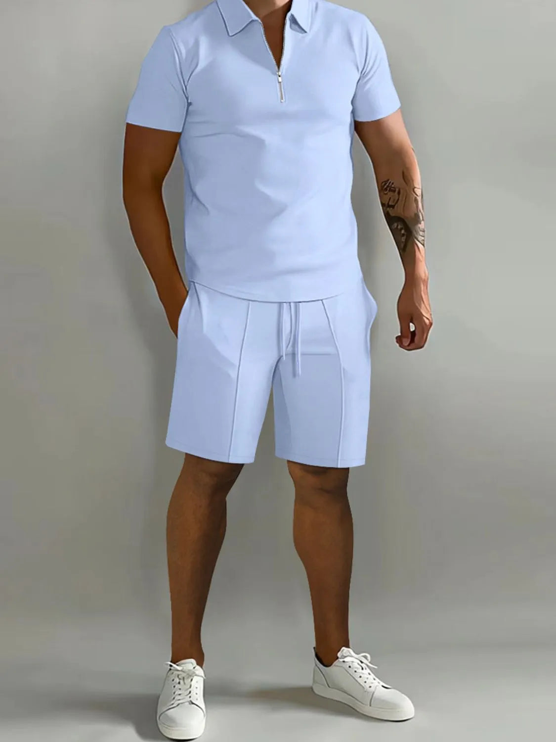 Collared Neck Short Sleeve Top and Shorts Set Plus Size in Gray for Men