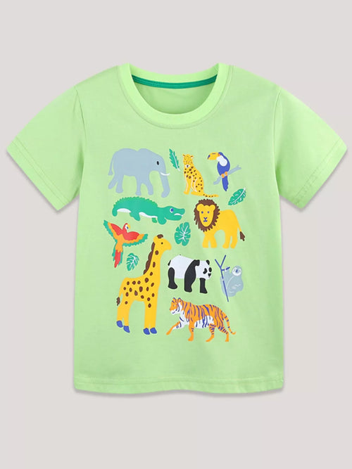 Animal Print Round Neck T-Shirt in Neon Green for Boys
