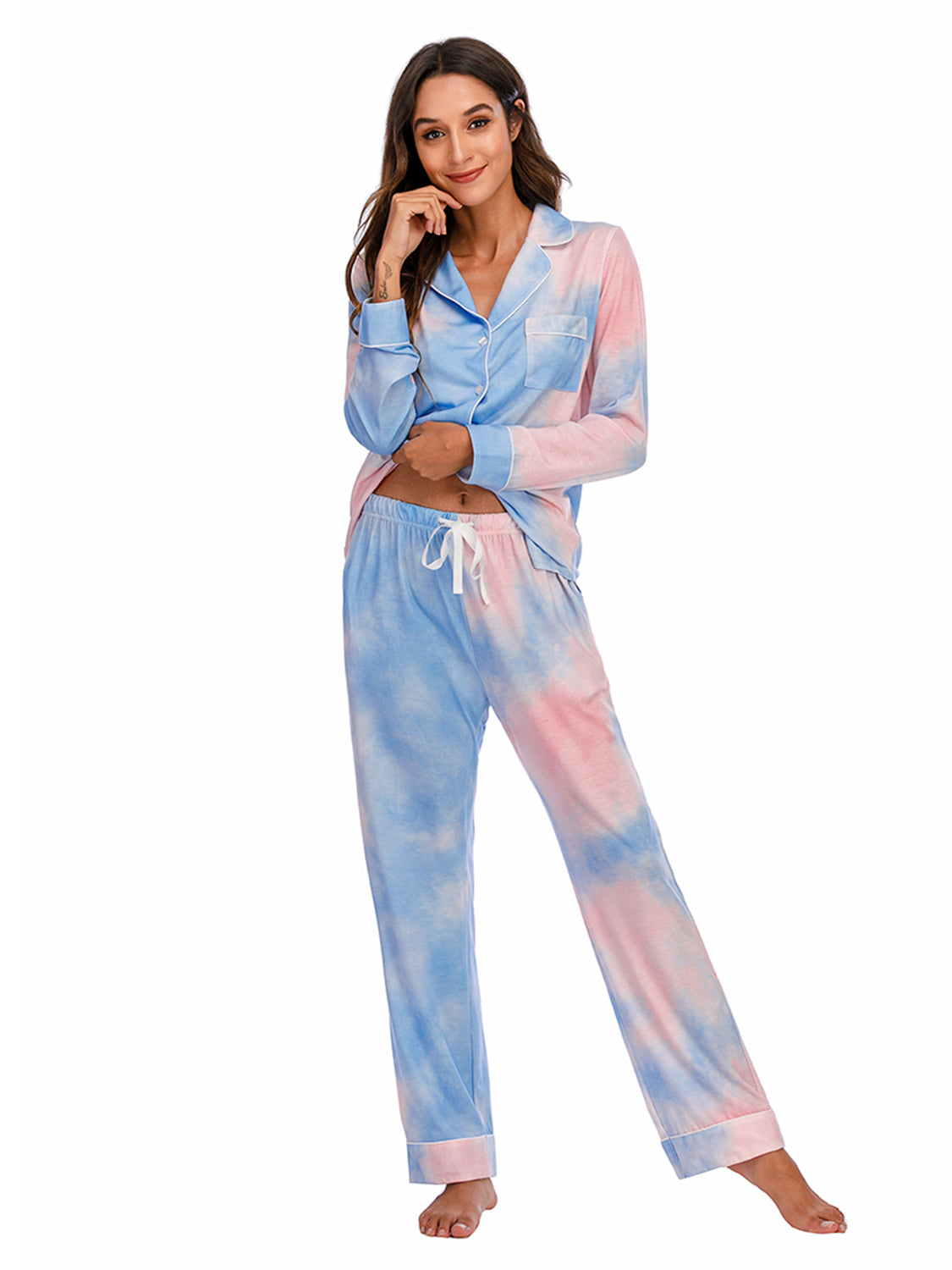 Collared Neck Long Sleeve Loungewear Set with Pockets in Peacock Blue for Women
