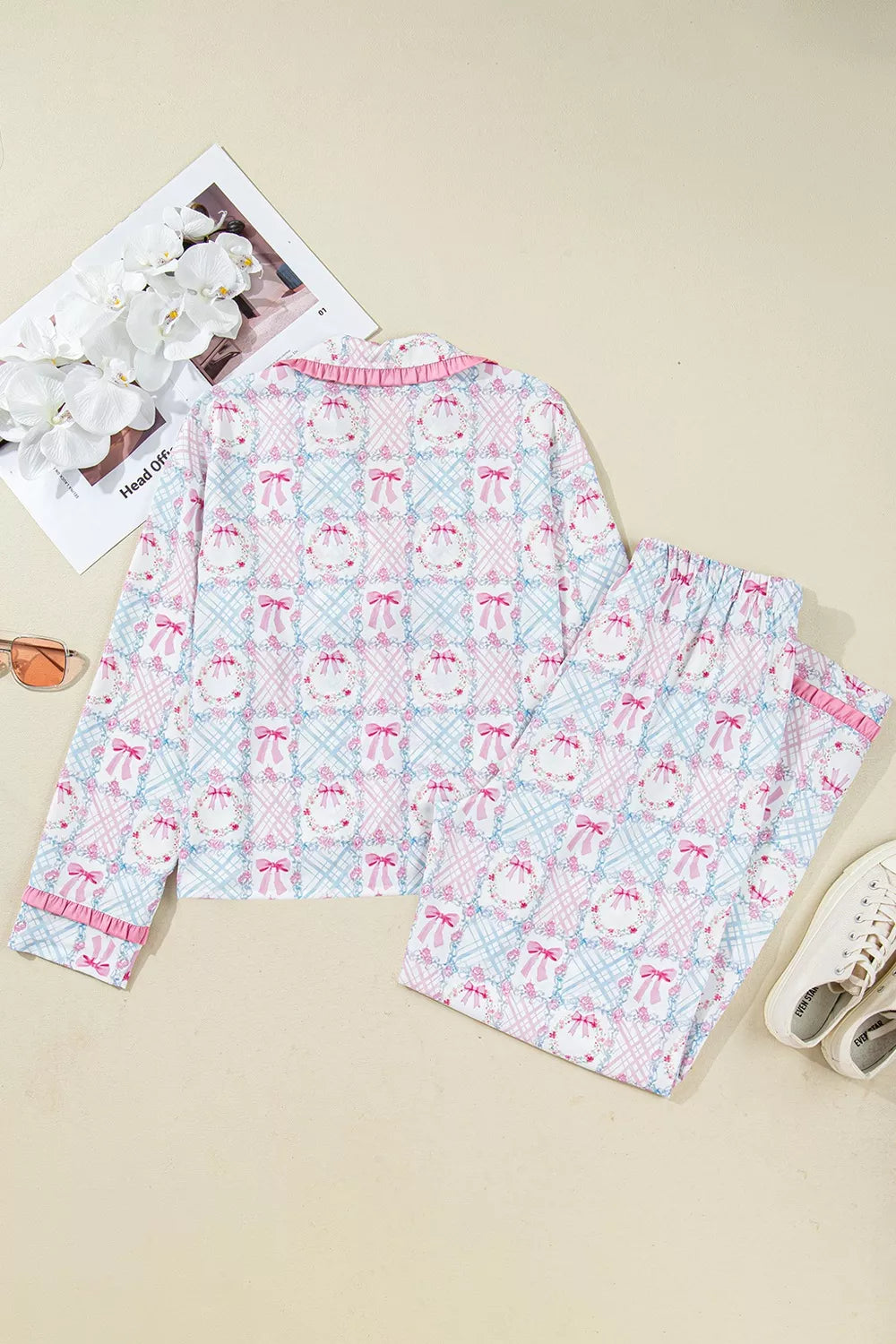 Wreath Pattern Christmas Tied Front Long Sleeve 2pcs Pajama Set in Pink for Women