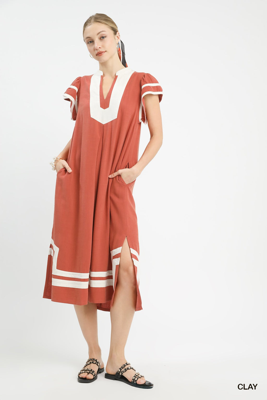 Linen Cotton Contrast Neckline Midi Dress in Clay for Women