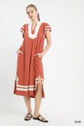 Linen Cotton Contrast Neckline Midi Dress in Clay for Women