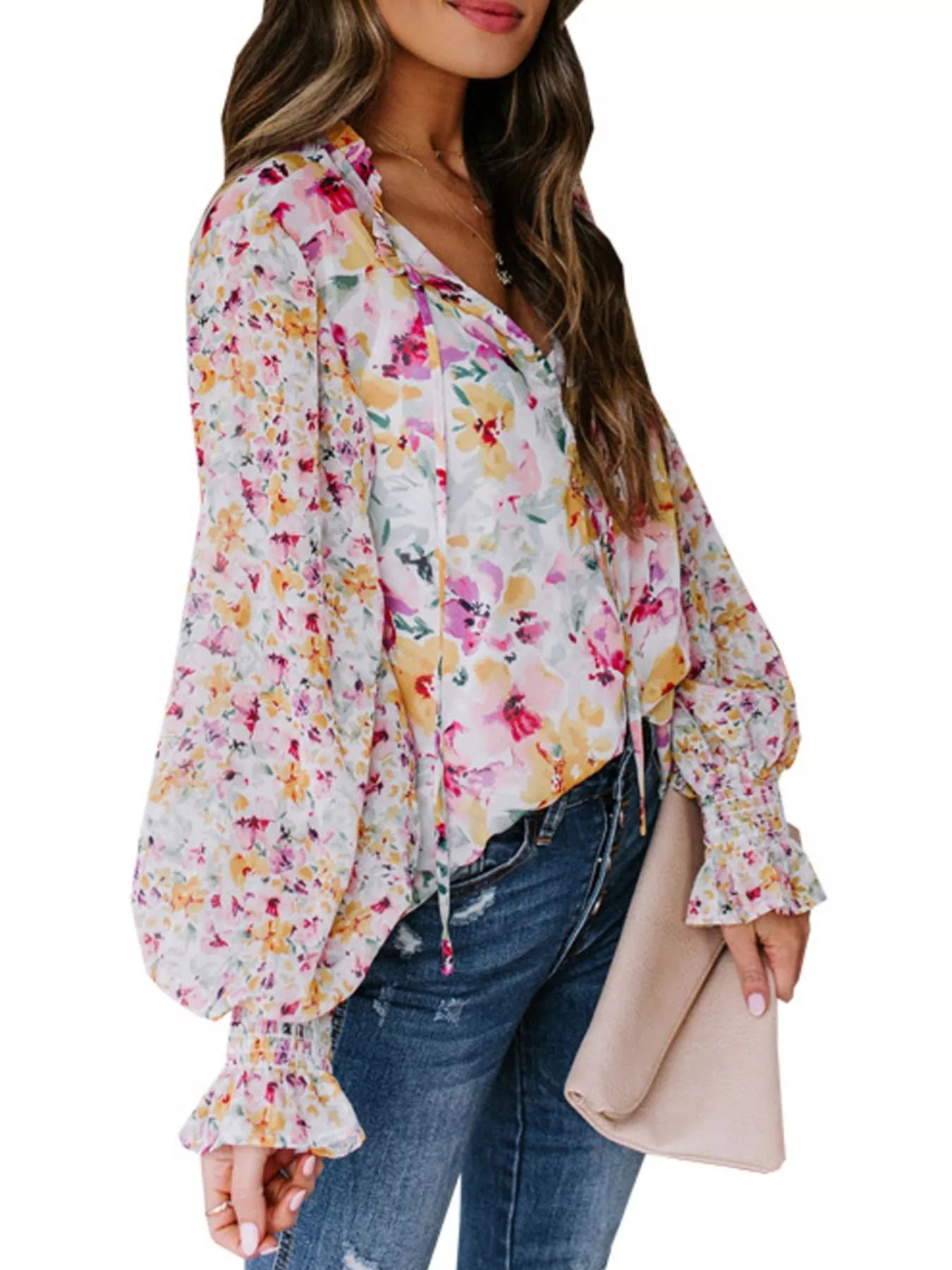 Floral Print Smocked Cuff Blouse Plus Size in Pink for Women