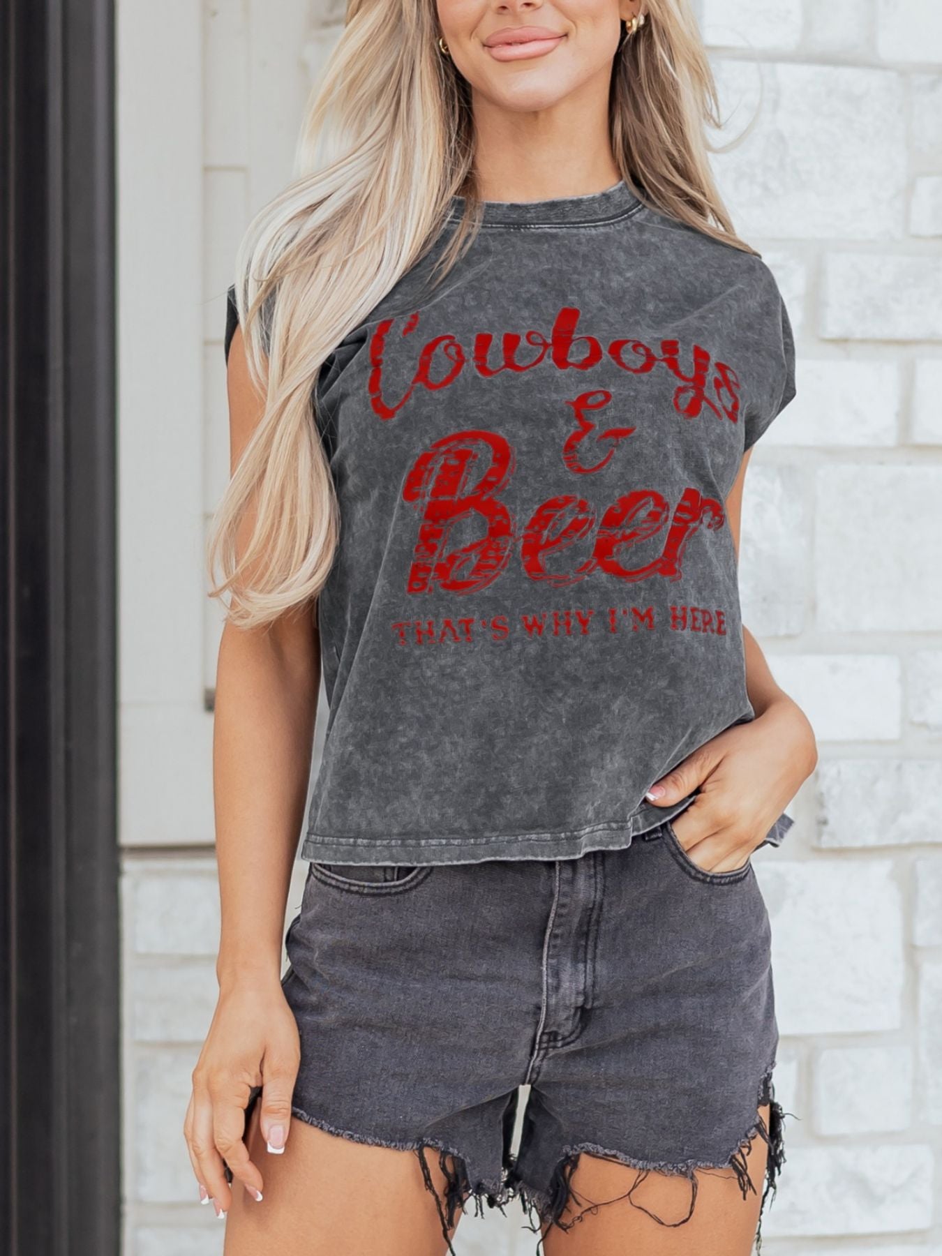 Cowboy & Beer Western Graphic Mineral Wash Tank Top in Dark Gray for Women