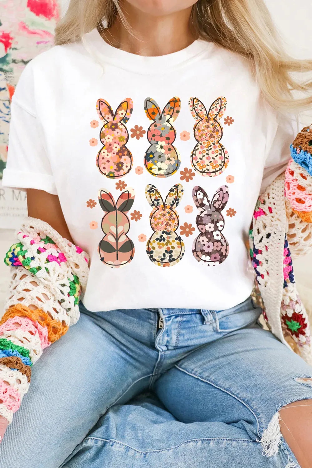 Floral Bunny Graphic Crewneck Short Sleeve T-Shirt for Women