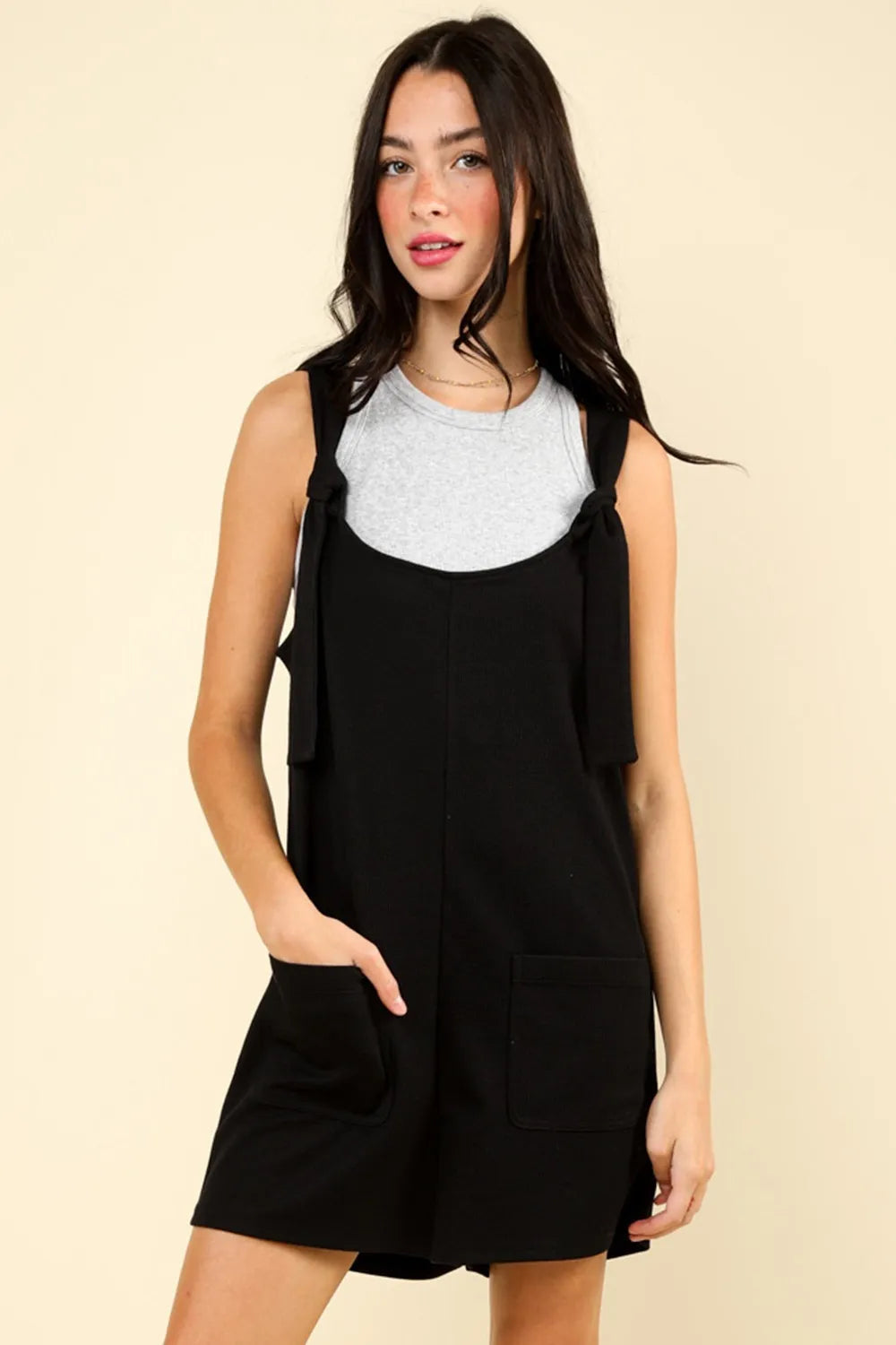 Tie Shoulder Front Pocket Romper in Black for Women