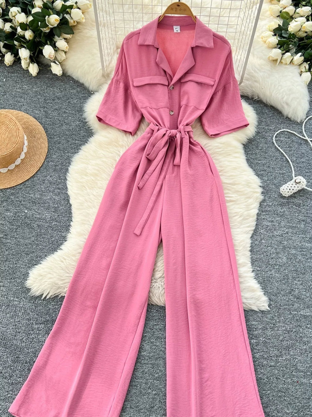 Pink Tie Waist Wide Leg Jumpsuit for Women
