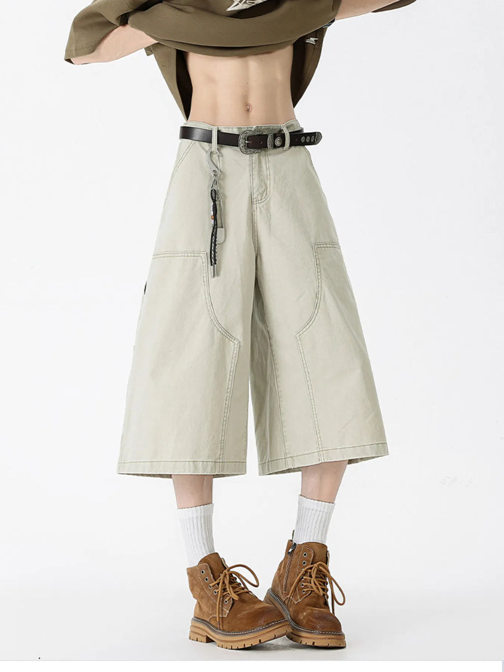 Wide Leg Cargo Denim Shorts Plus Size in Coffee Color for Men