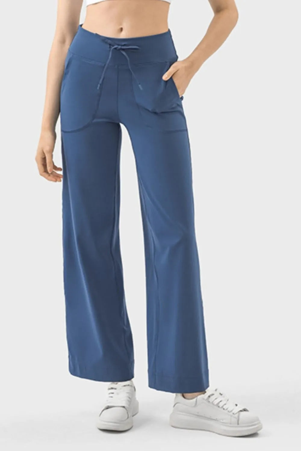 Drawstring Active Pants with Pockets in Dusty Blue for Women