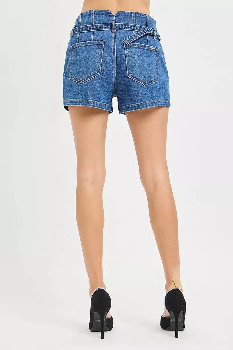 Double Button Slouchy Denim Shorts with Belt in Dark for Women