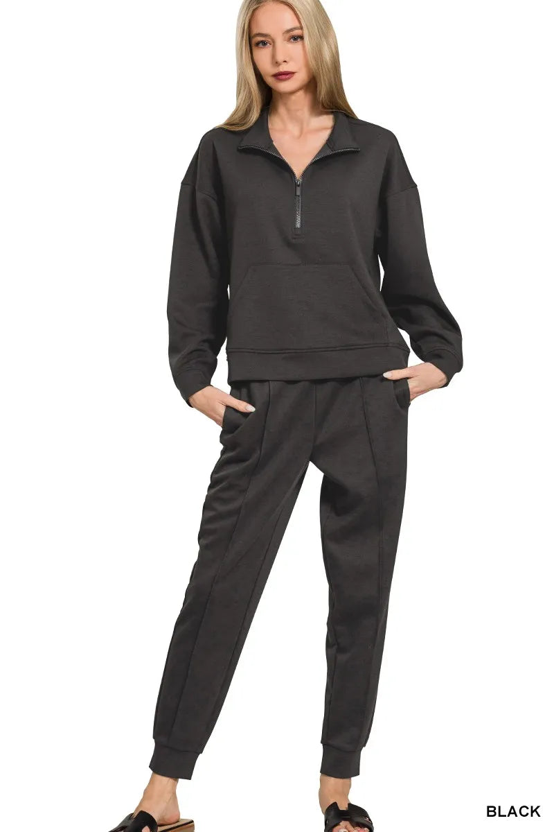 Scuba Half Zip Sweatshirt and Joggers Set in Black for Women