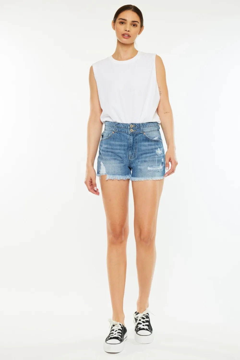 Plus Size High Rise Raw Hem Denim Shorts in Medium for Women