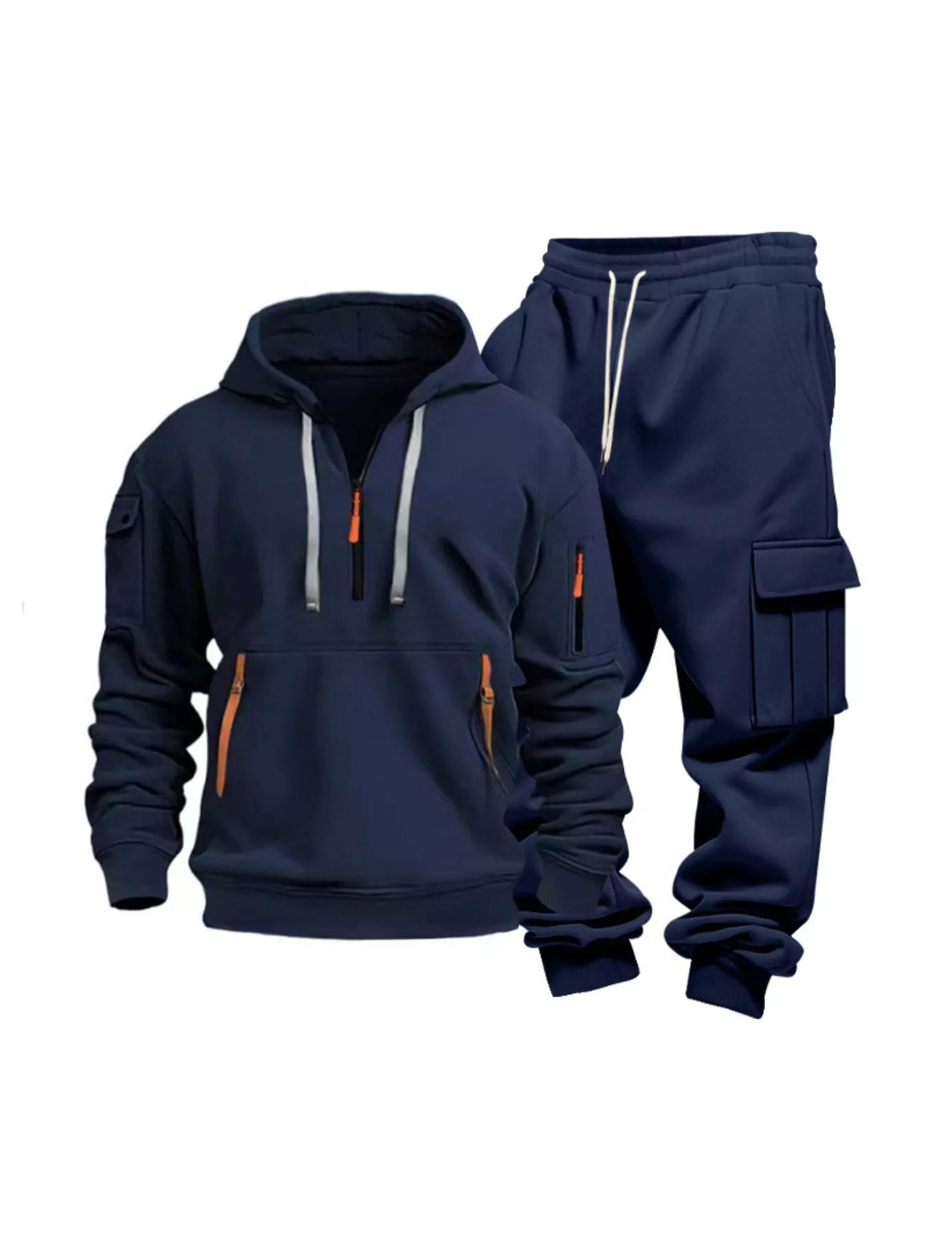 Half Zip Hoodie and Cargo Pants Set Plus Size in Dark Gray for Men