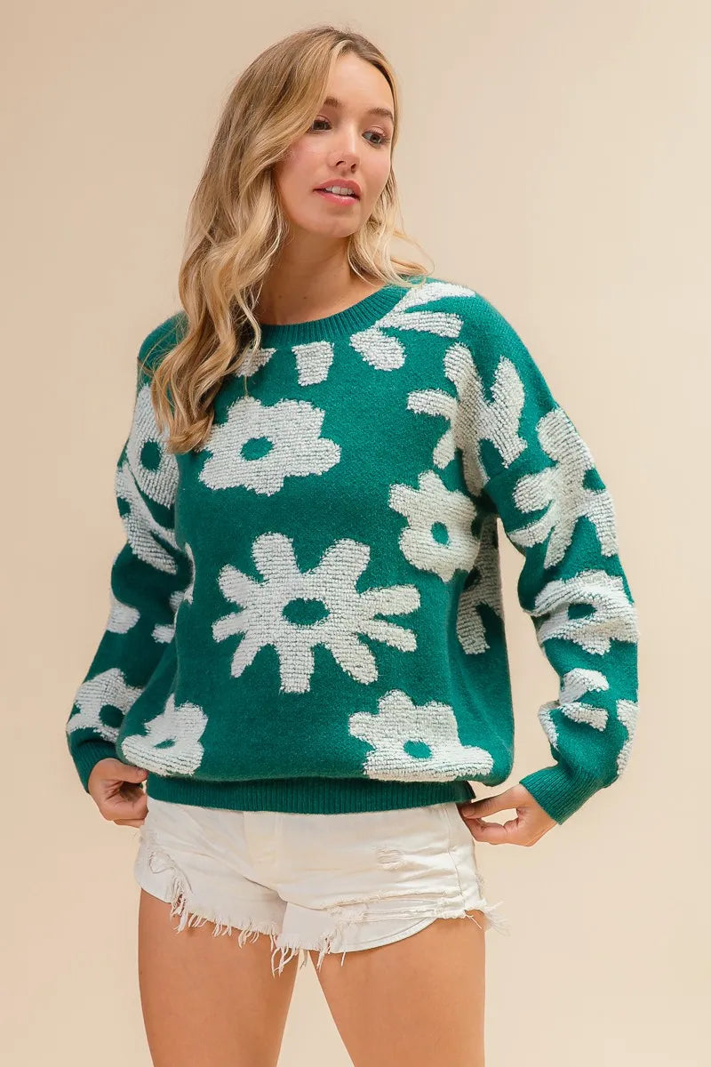 Flower Pattern Long Sleeves Sweater Top in Hunter for Women