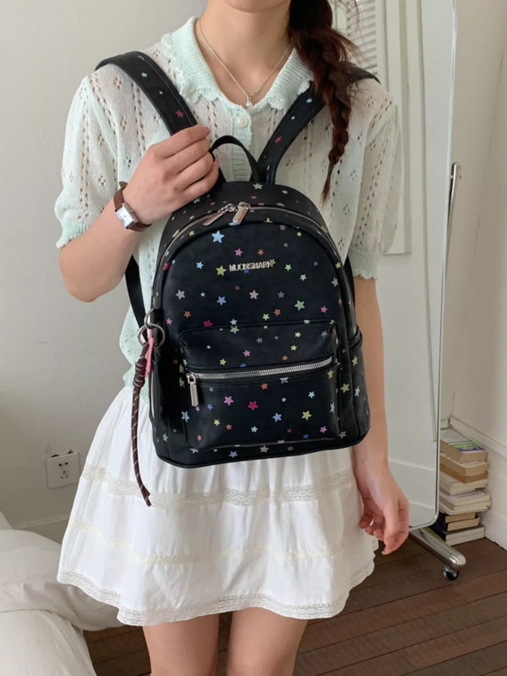 Star Pattern Backpack Bag in White for Women