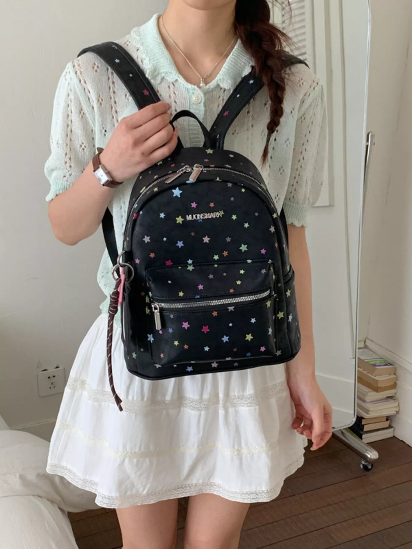 Star Pattern Backpack Bag in White for Women