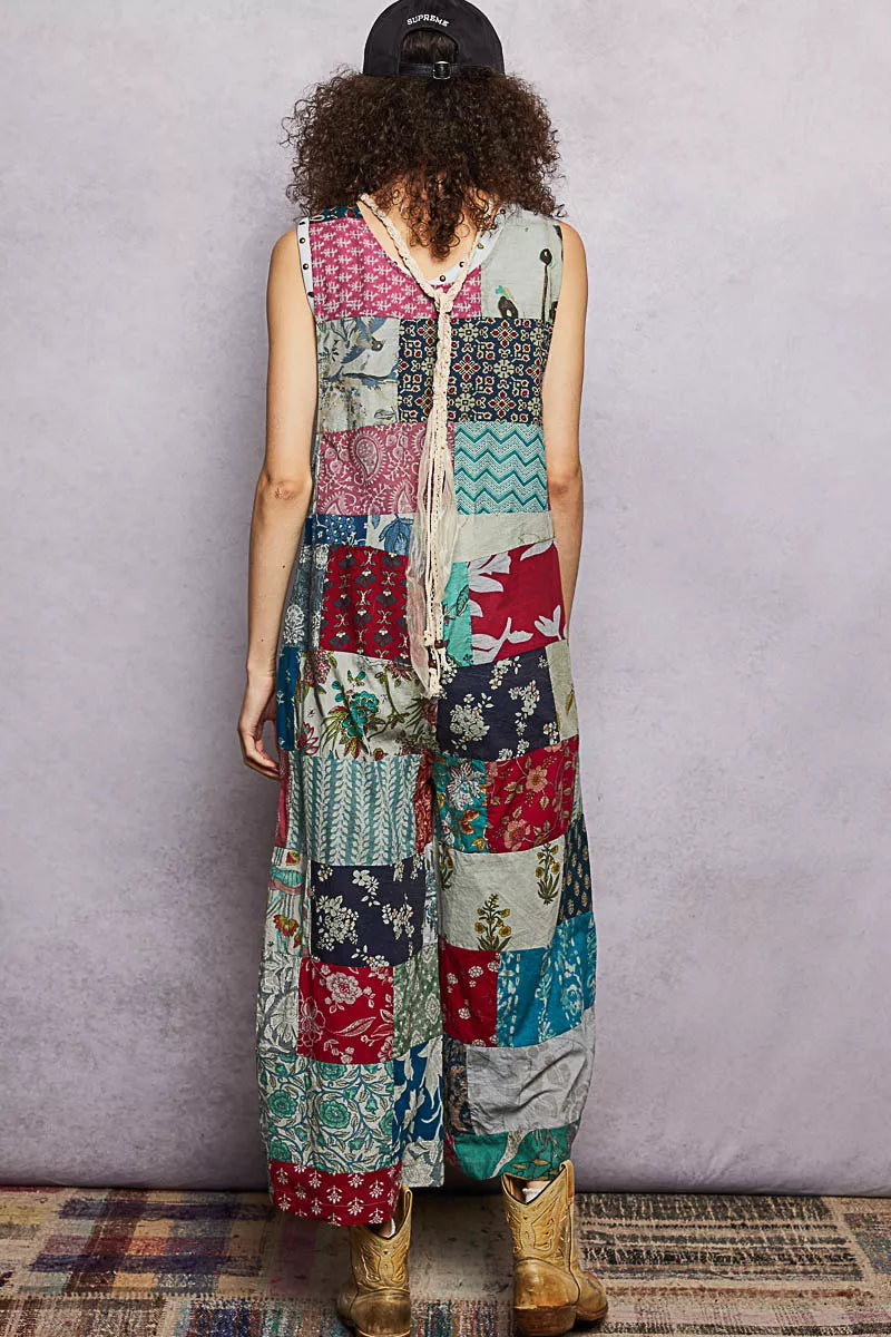 Sleeveless Patchwork Wide Leg Jumpsuit for Women