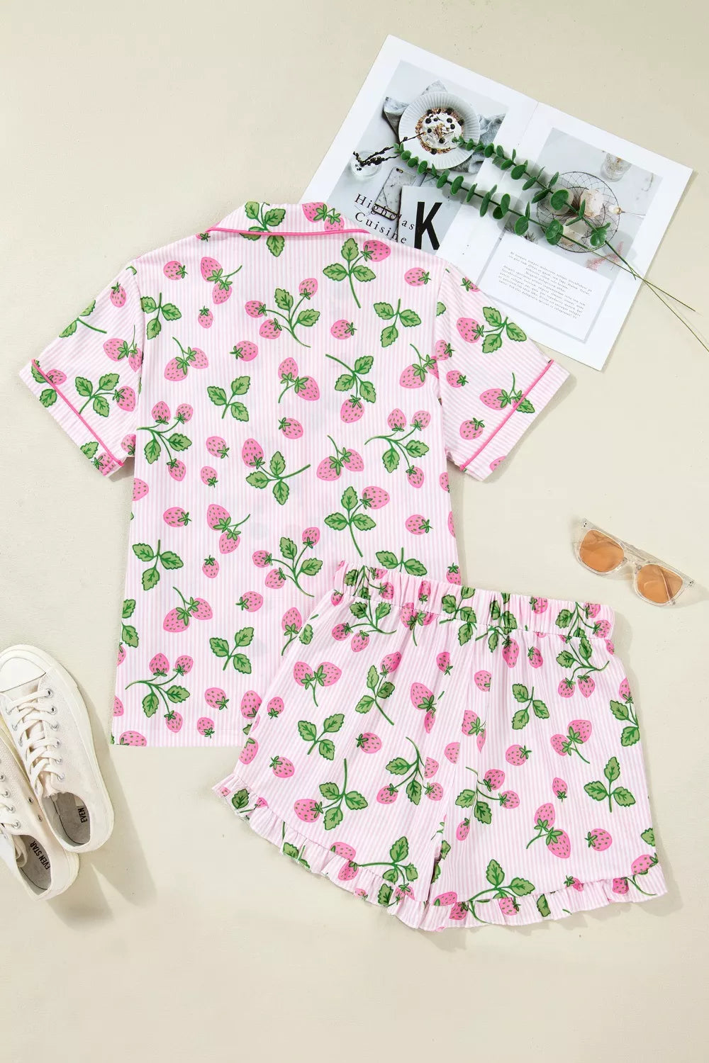 Striped Strawberry Print Lapel Shirt Drawstring Shorts Two-Piece Pajama Set in Blush Pink for Women