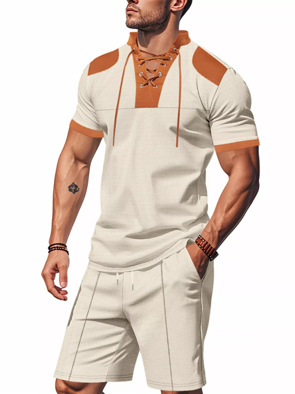 Lace-Up Collar Casual Top and Shorts Set Plus Size in Black for Men