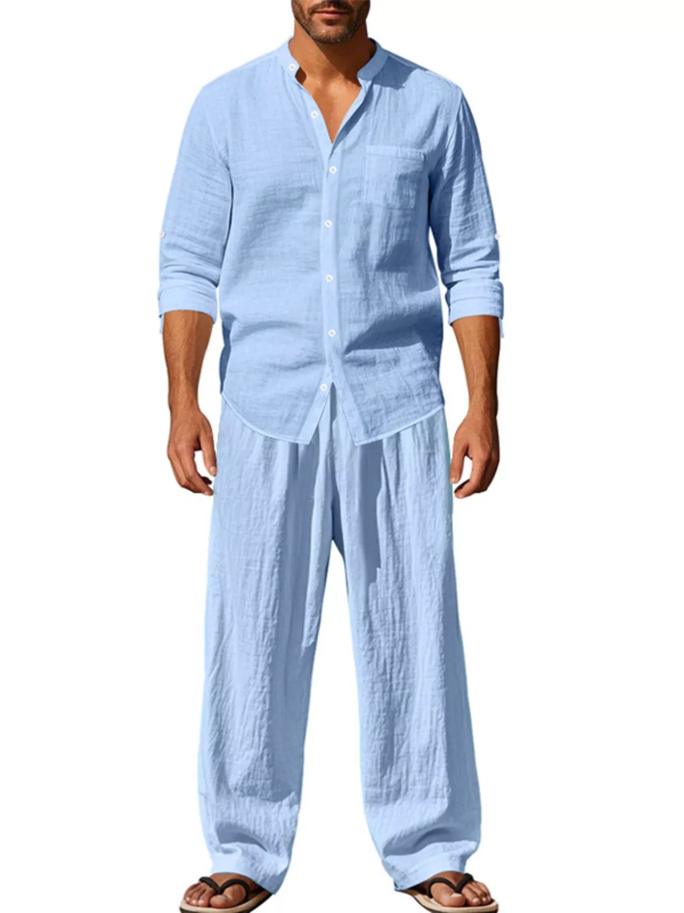 Button Up Long Sleeve Shirt and Pants Plus Size in Black for Men
