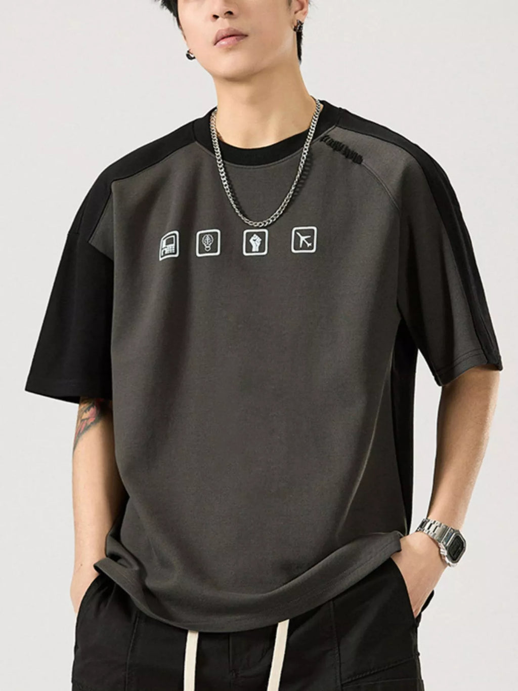 Contrast Sleeve Casual T-Shirt Plus Size in Ivory for Men
