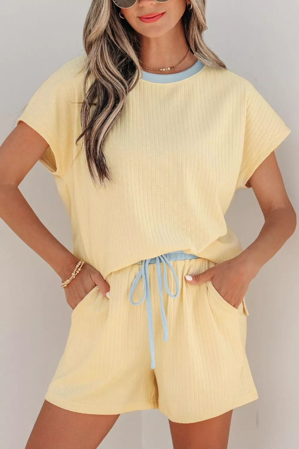Soft Ribbed Color Block Trim Casual Shorts Set in Pastel Yellow for Women