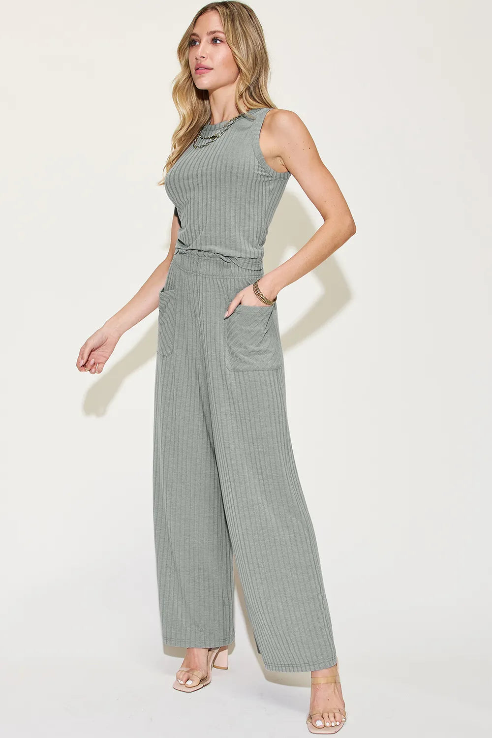 Plus Size Ribbed Tank and Wide Leg Pants Set in Gray for Women