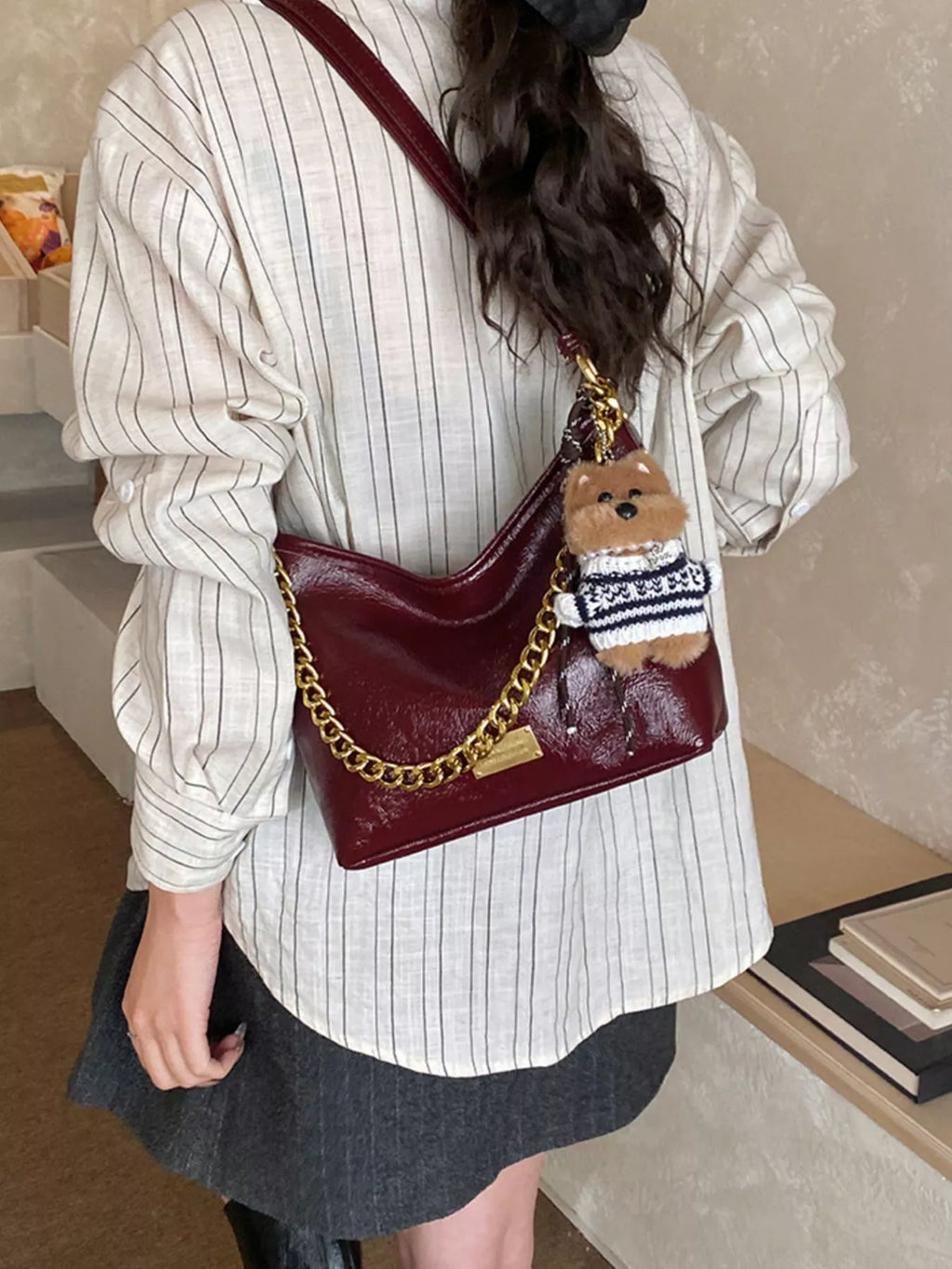 Chain Decor Shoulder Bag with Bear Charm for Women