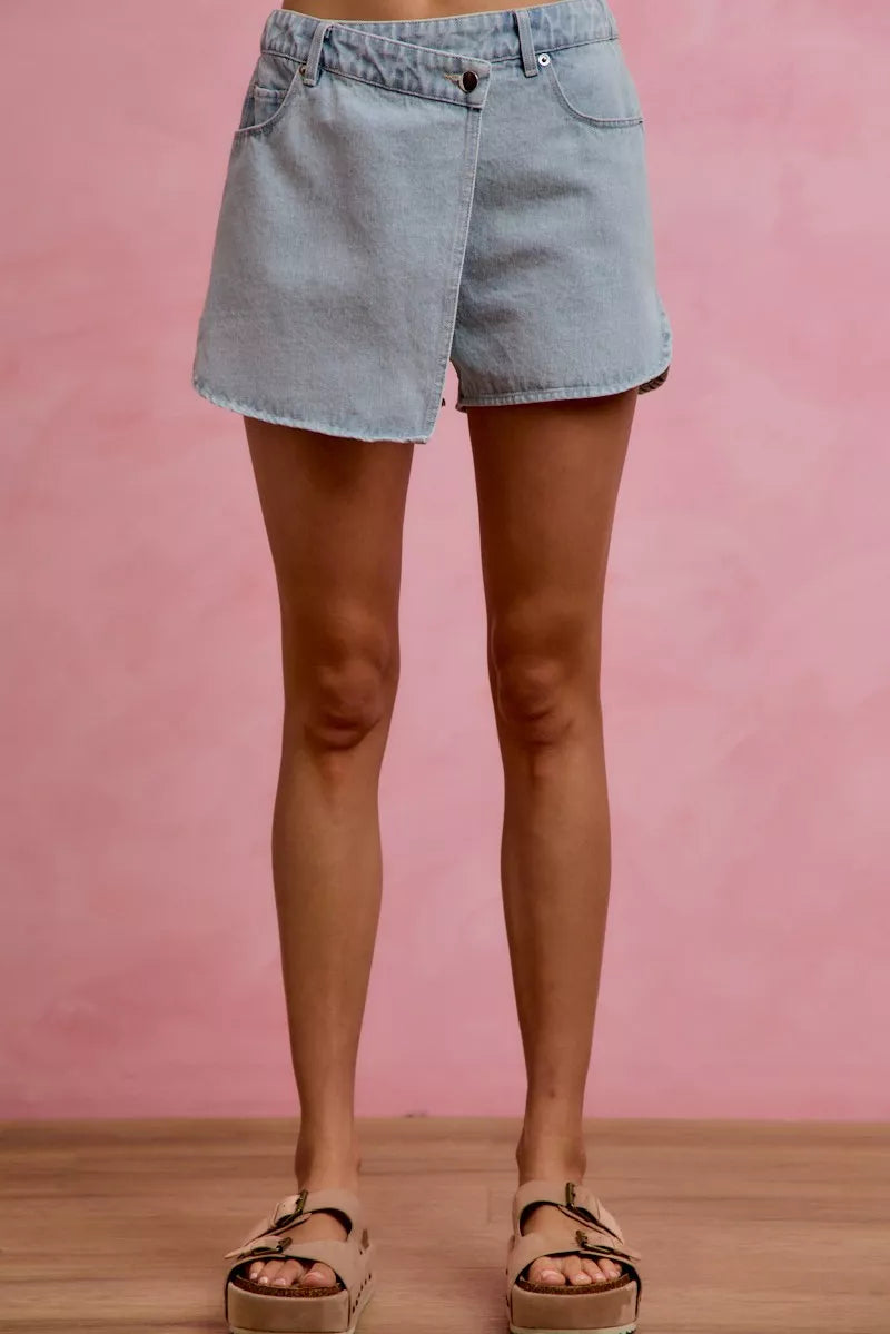 Washed Denim Wrap Skorts for Women