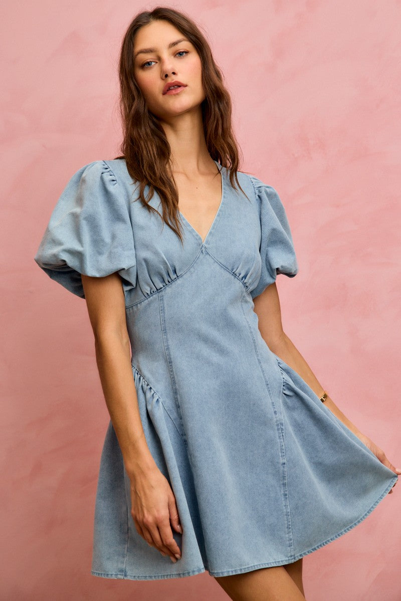 Bubble Sleeves Denim Fit and Flare Mini Dress for Women