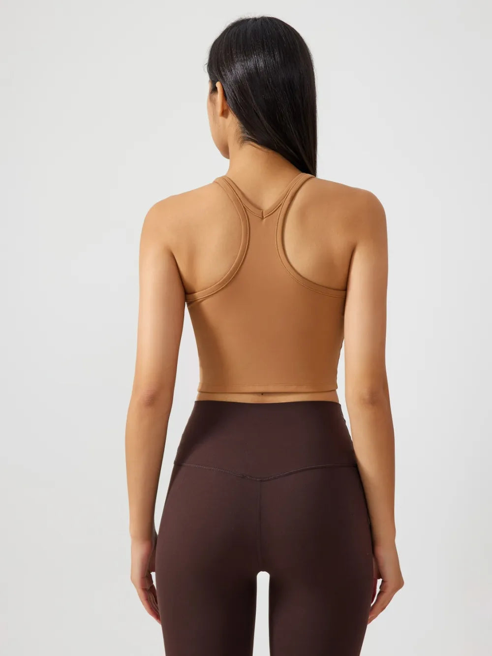Scoop Neck Active Tank with Detachable Chest Pads in Caramel for Women