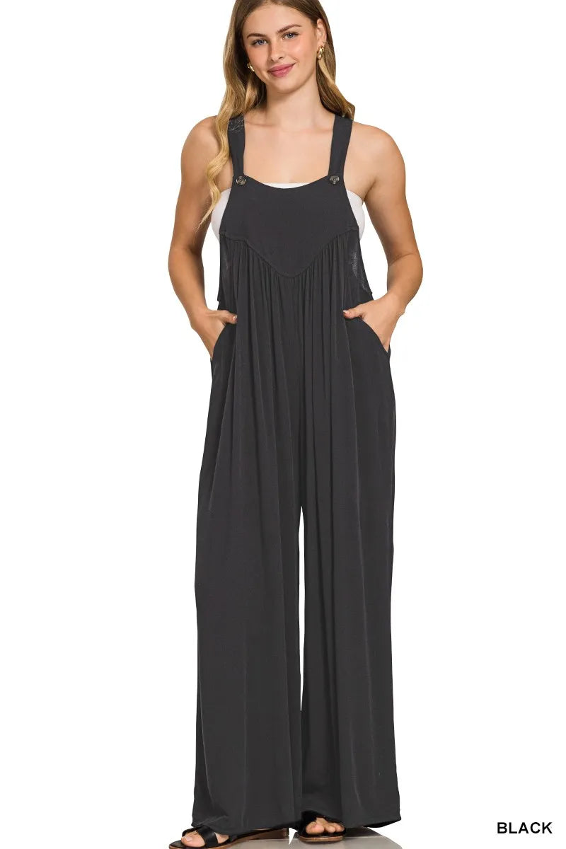 Woven Rayon Crepe Wide Leg Overalls in Black for Women