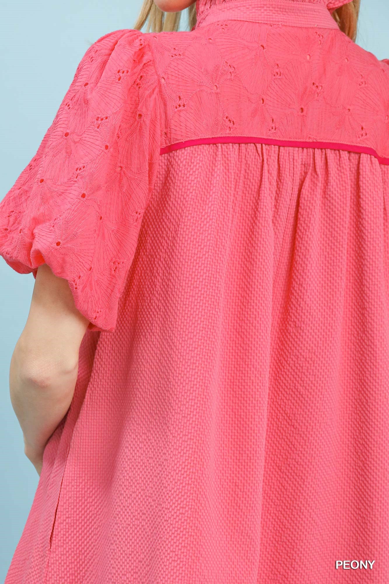 Puff Sleeve Textured Babydoll Dress in Peony for Women