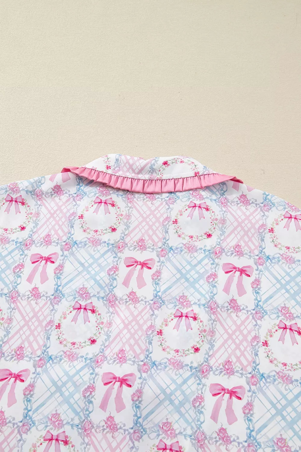 Wreath Pattern Christmas Tied Front Long Sleeve 2pcs Pajama Set for Women