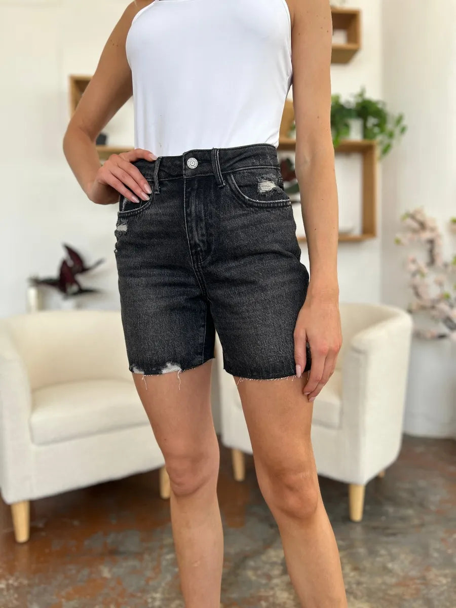 Plus Size High Waist Rigid Magic Denim Shorts in Black for Women