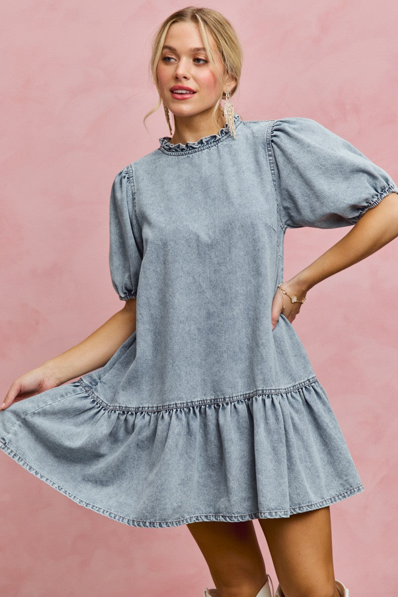 Denim Short Sleeves Mini Tiered Dress for Women