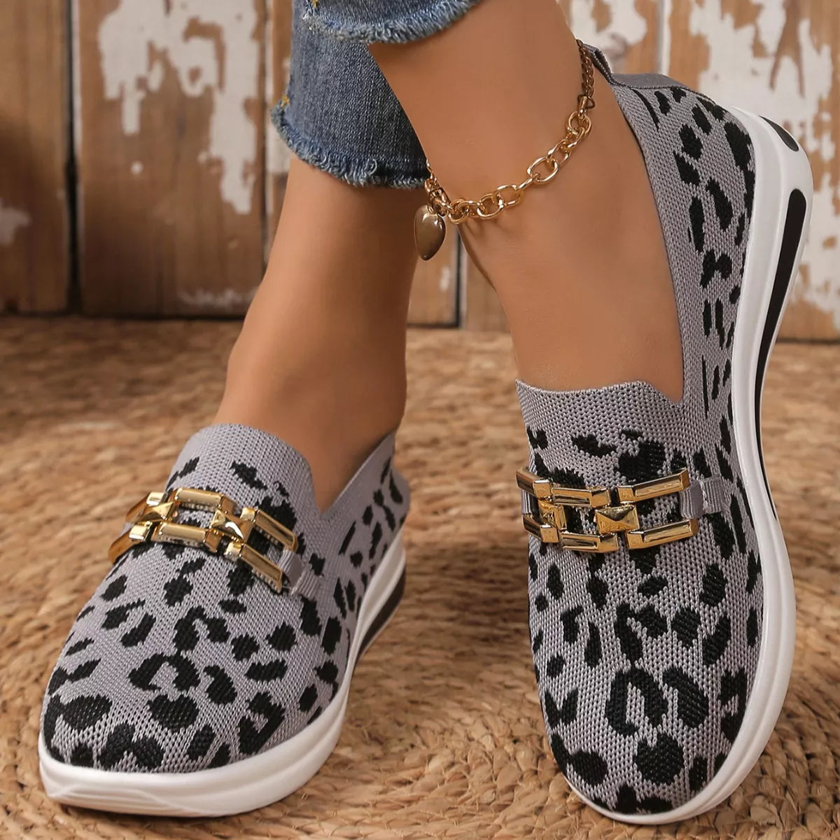 Leopard Round Toe Slip-Ons in Rice Leopard Print for Women