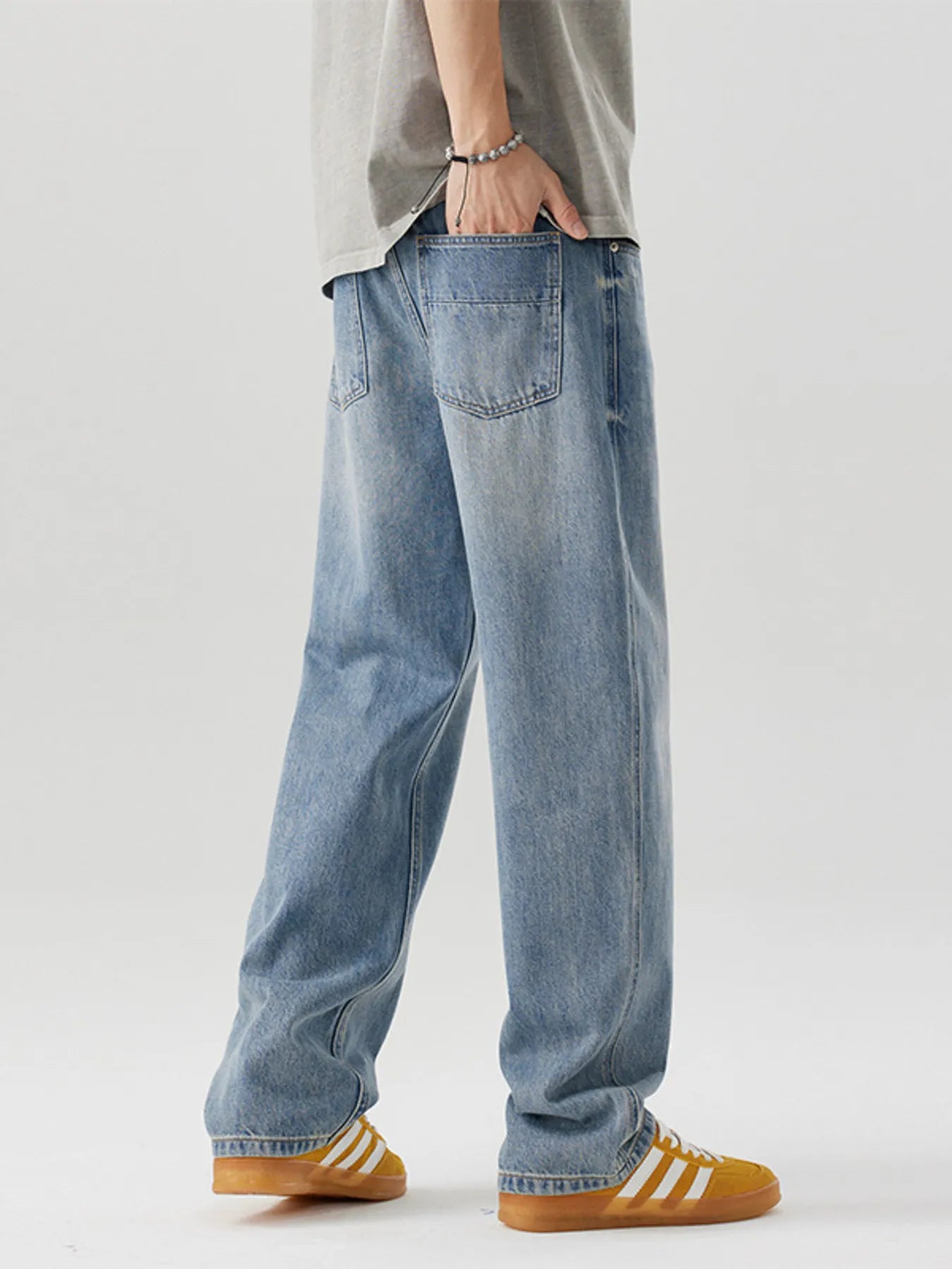 Casual Loose Fit Wash Jeans in Light Blue for Men