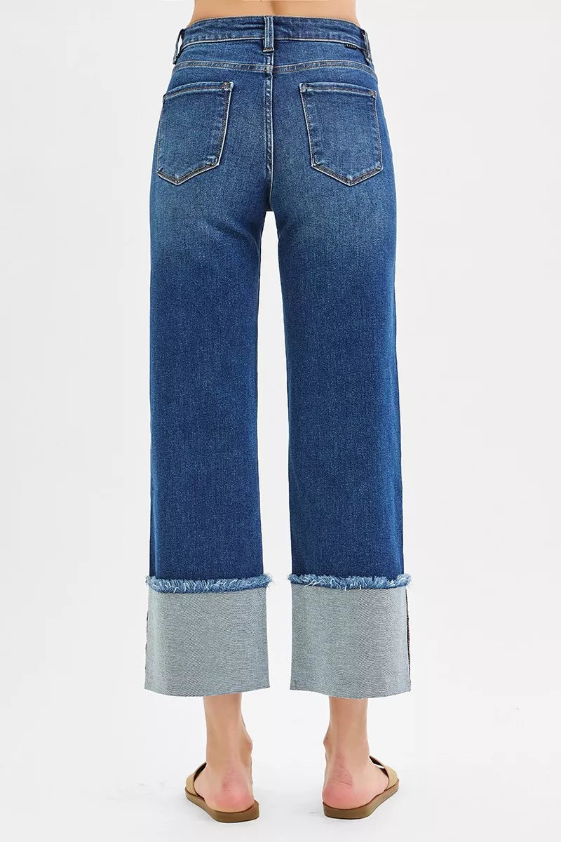 Mid Rise Crop Wide Wide Cuffed Jeans Plus Size in Dark for Women