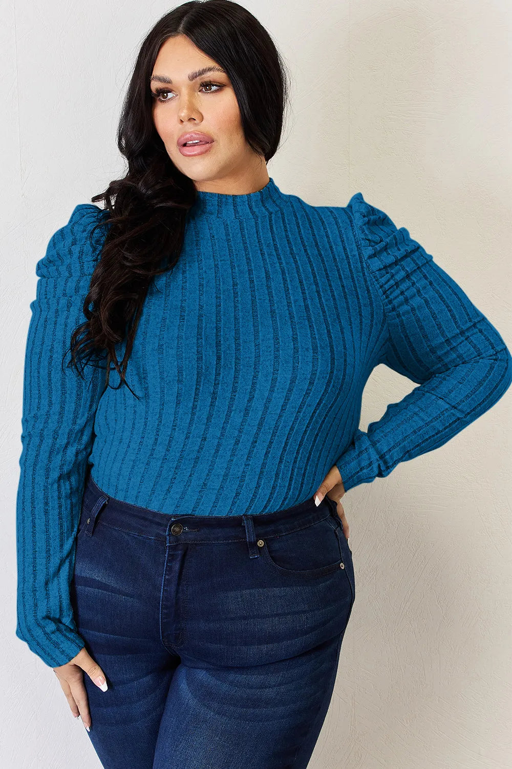 Plus Size Ribbed Mock Neck Puff Sleeve T-Shirt in Sky Blue for Women