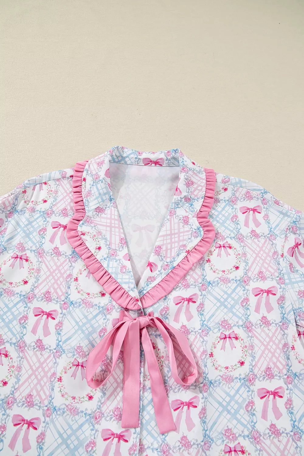 Wreath Pattern Christmas Tied Front Long Sleeve 2pcs Pajama Set in Pink for Women