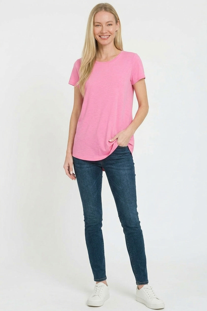 Rayon Short Sleeve V-Neck Round Hem Top in Candy Pink for Women