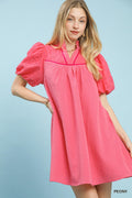 Puff Sleeve Textured Babydoll Dress in Peony for Women