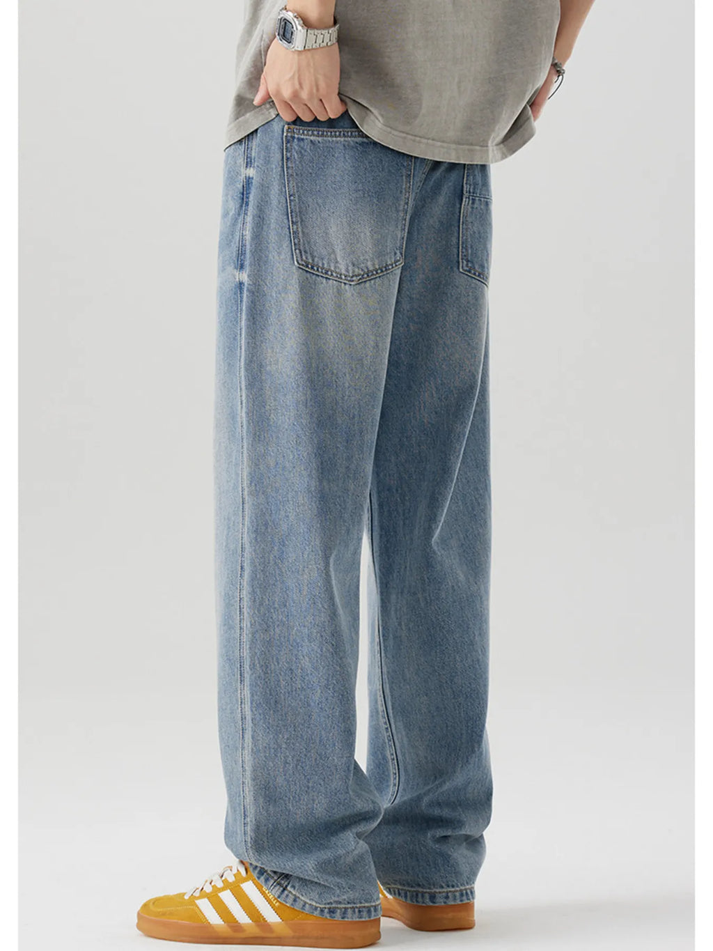 Casual Loose Fit Wash Jeans in Light Blue for Men