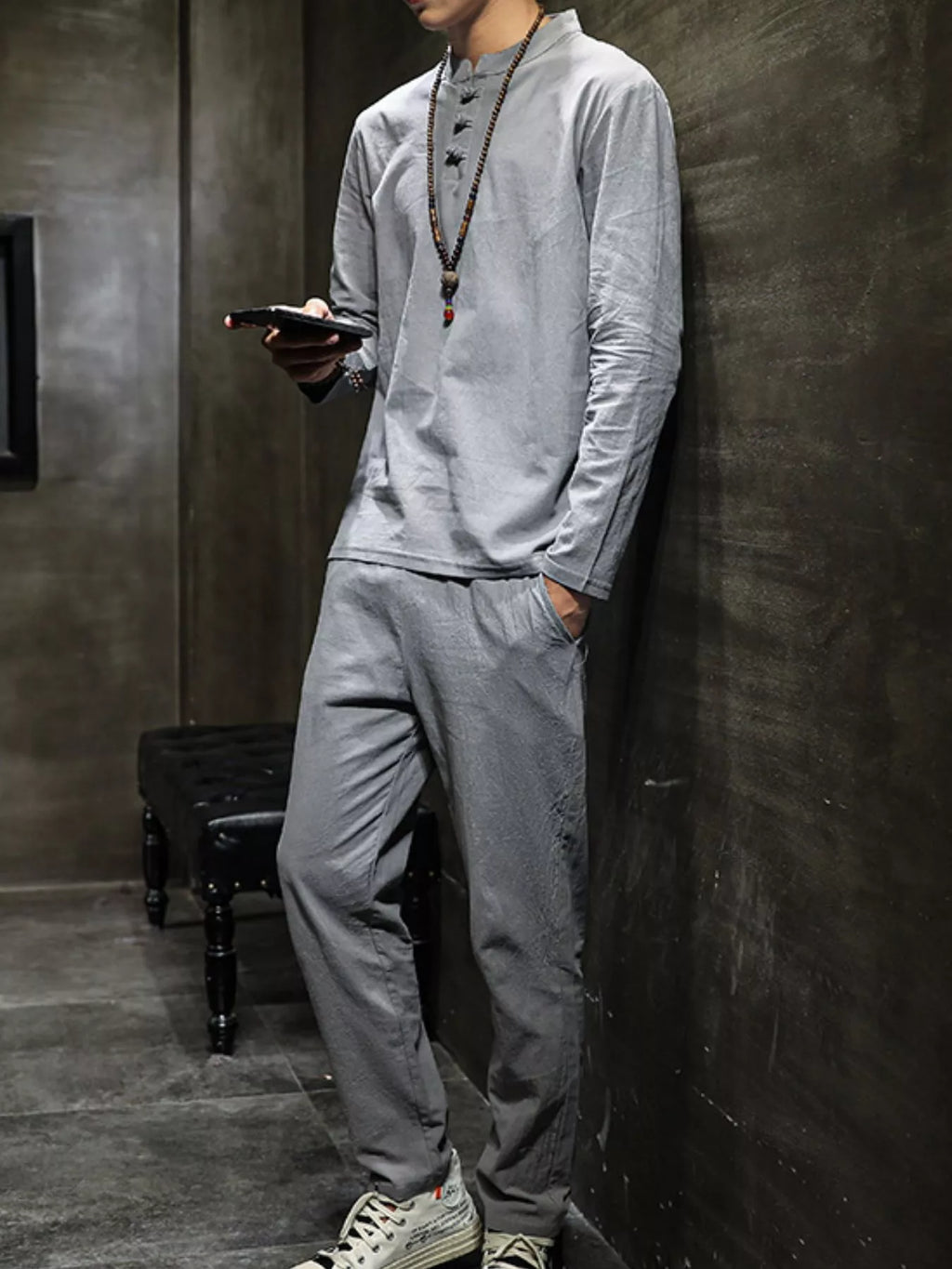 Plus Size Button Detail Long Sleeve Top and Pants Set in Khaki for Men