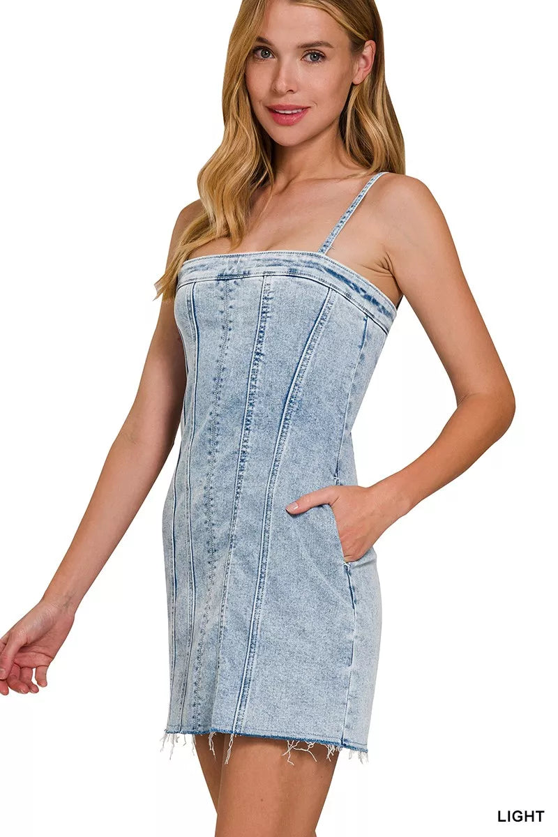 Spaghetti Strap Exposed Seam Light-Wash Dress for Women