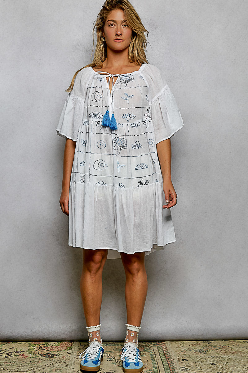 Tied Tassel Embroidery Half Flared Sleeve Mini Dress for Women