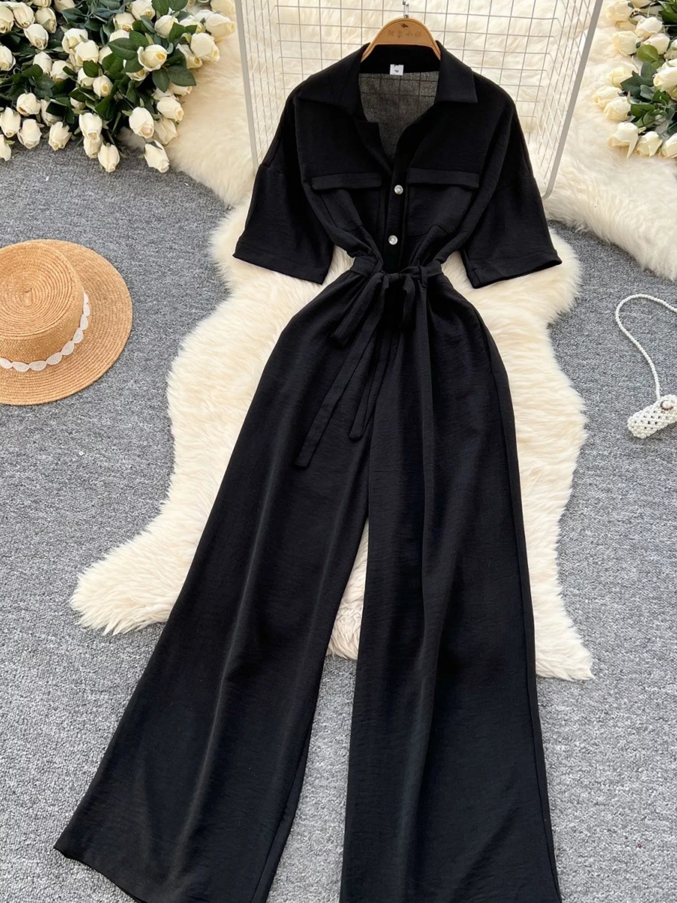 Pink Tie Waist Wide Leg Jumpsuit in Rose Red for Women